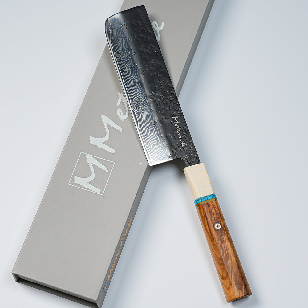 Meteorite IceRaven 7" Nakiri - Japanese Vegetable Knife with Black/Sliver Hammered and 67-Layer Damascus Blade & Olive Wood Handle