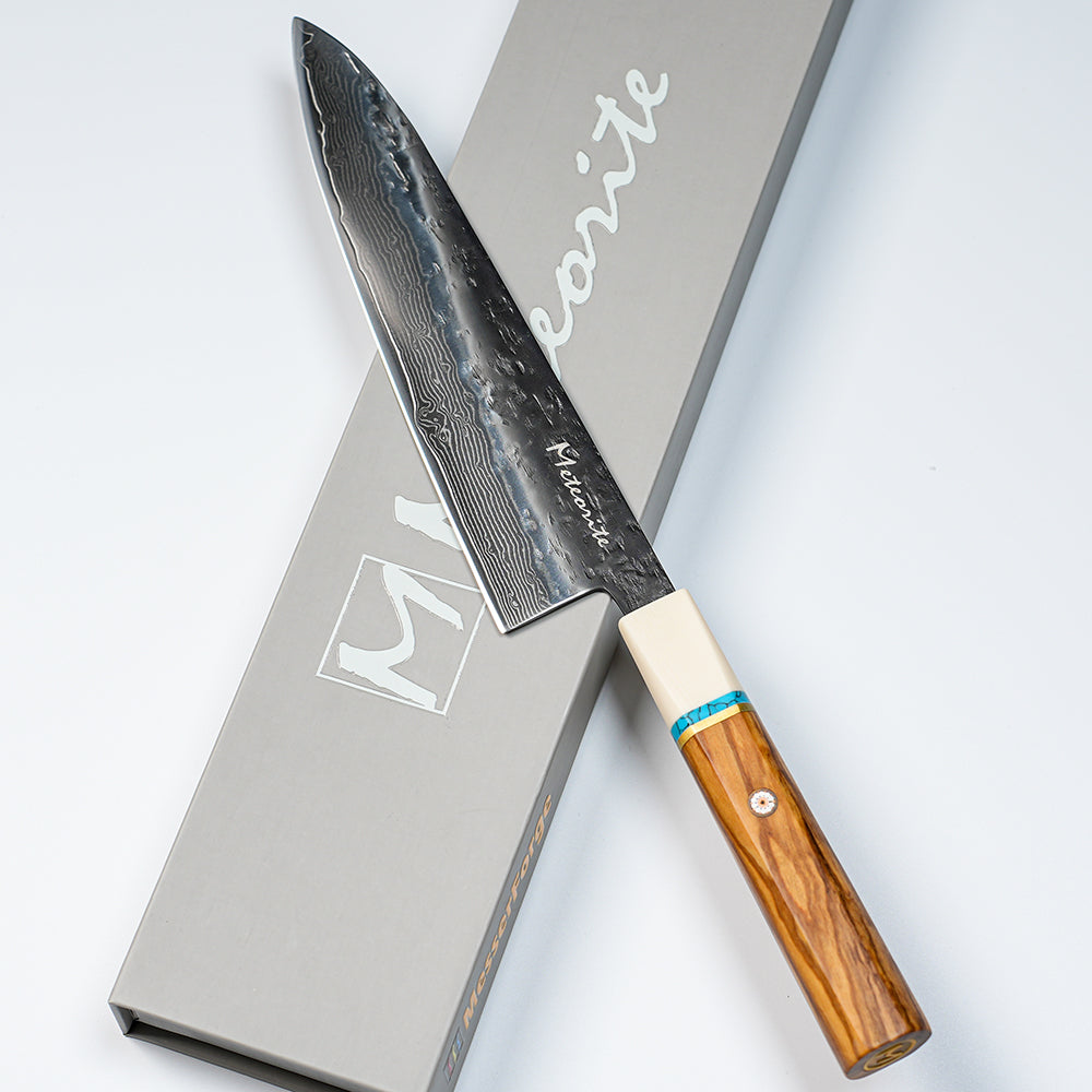 Meteorite IceRaven 8.3" Gyuto - Japanese Chef's Knife with Black/Sliver Hammered and 67-Layer Damascus Blade & Olive Wood Handle