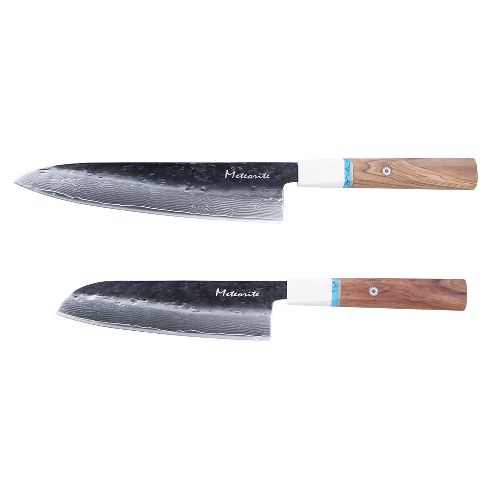 Meteorite IceRaven Japanese Knife Set | 2Pcs / 3Pcs / 4Pcs Black Forged Damascus Steel | Gyuto, Santoku, Nakiri, Kiritsuke | Olive Wood Handle
