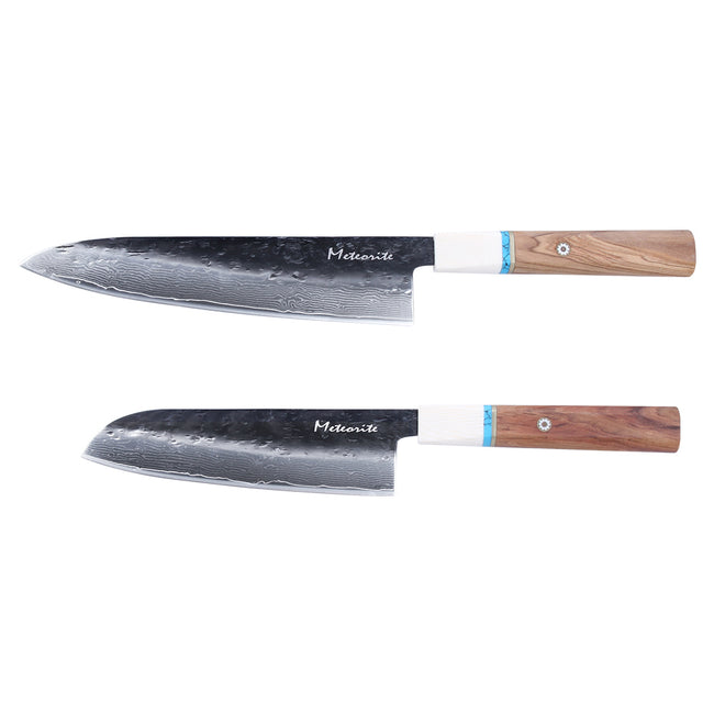 Meteorite IceRaven Japanese Knife Set | 2Pcs / 3Pcs / 4Pcs Black Forged Damascus Steel | Gyuto, Santoku, Nakiri, Kiritsuke | Olive Wood Handle Main Image