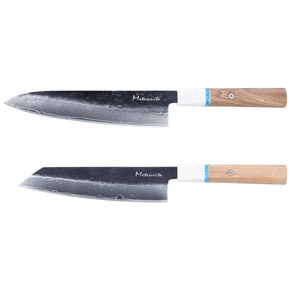 Meteorite IceRaven Japanese Knife Set | 2Pcs / 3Pcs / 4Pcs Black Forged Damascus Steel | Gyuto, Santoku, Nakiri, Kiritsuke | Olive Wood Handle