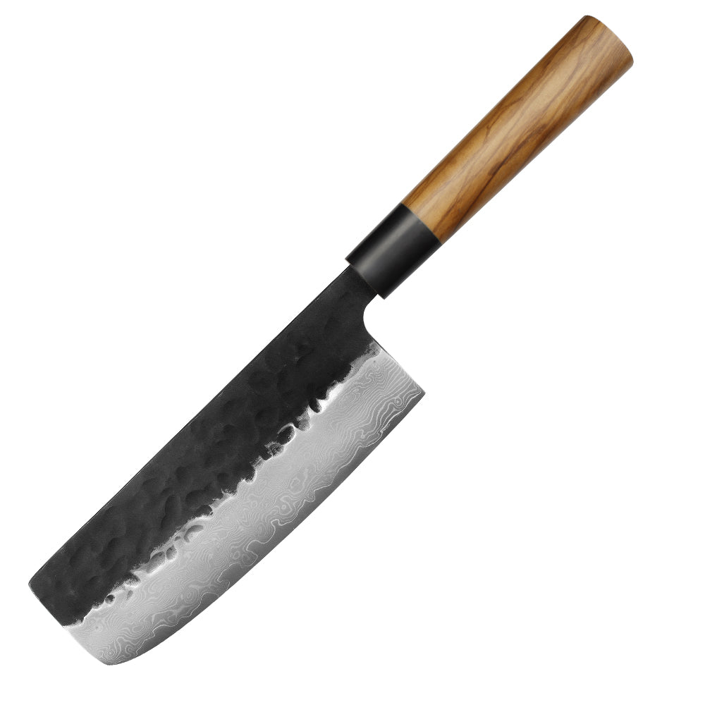 Kajiya Keikoku 7'' Nakiri - Japanese Kitchen Knife for Vegetable Chopping & Precision Slicing with 3-Layer VG10 Steel Blade & Natural Wooden Handle (Olive/Ebony options)