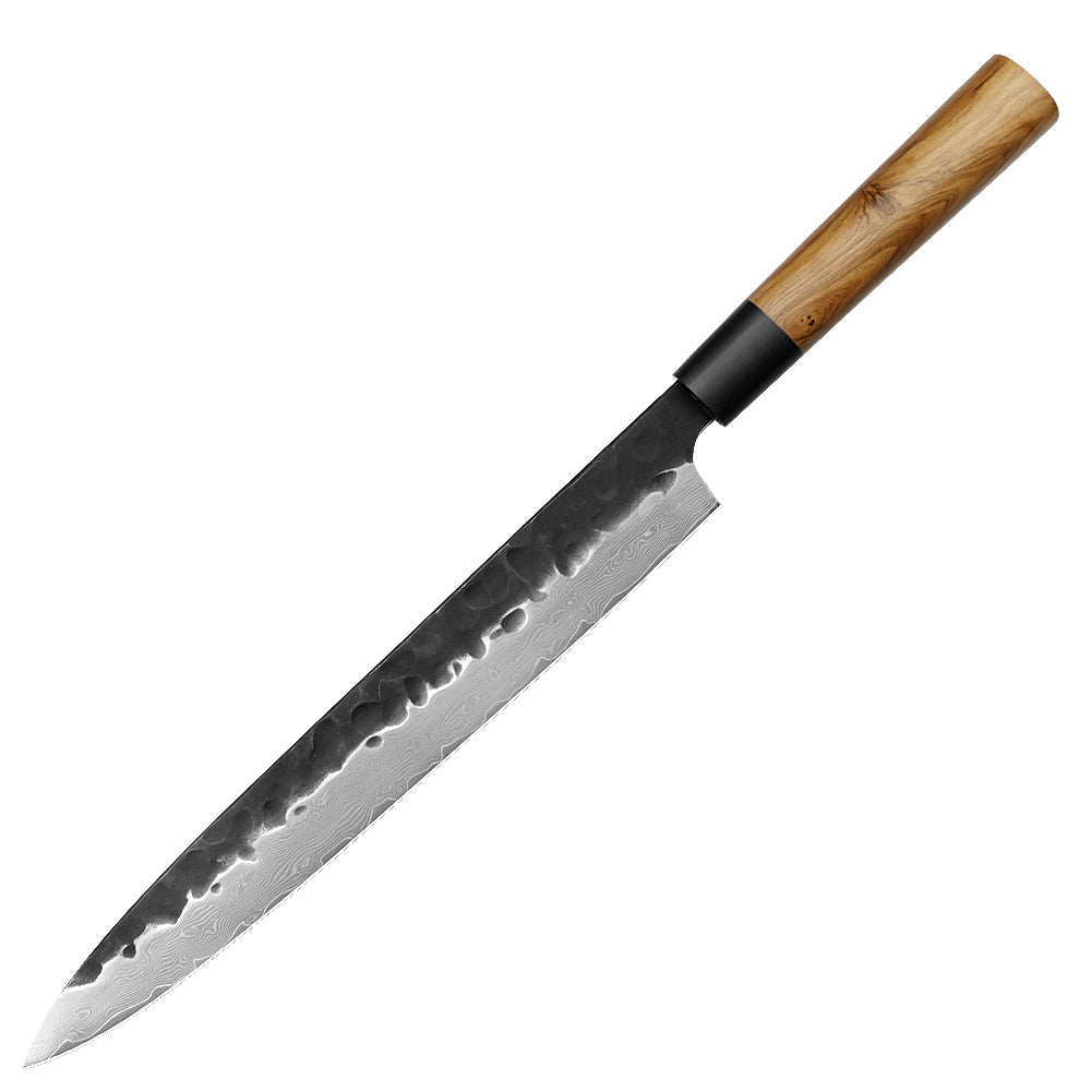 Kajiya Keikoku 11'' YanagiBa - Professional Japanese Kitchen Knife for Sushi & Sashimi with 67-Layer Damascus VG10 Steel Blade & Natural Wooden Handle (Olive)