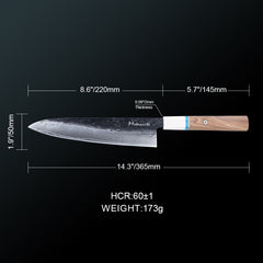 Meteorite IceRaven 8.3" Gyuto - Japanese Chef's Knife with Black/Sliver Hammered and 67-Layer Damascus Blade & Olive Wood Handle