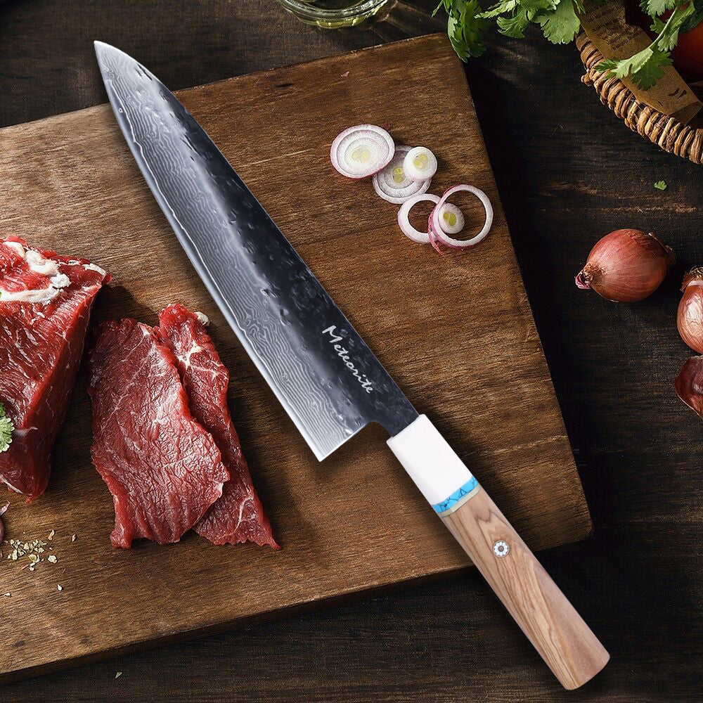 Meteorite IceRaven 8.3" Gyuto - Japanese Chef's Knife with Black/Sliver Hammered and 67-Layer Damascus Blade & Olive Wood Handle