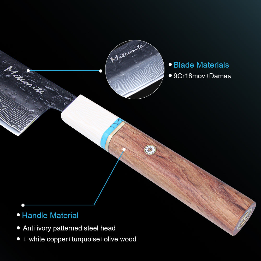 Meteorite IceRaven 7" Nakiri - Japanese Vegetable Knife with Black/Sliver Hammered and 67-Layer Damascus Blade & Olive Wood Handle