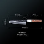 Meteorite IceRaven 7" Santoku - Japanese Kitchen Knife with Black/Sliver Hammered and 67-Layer Damascus Blade & Olive Wood Handle