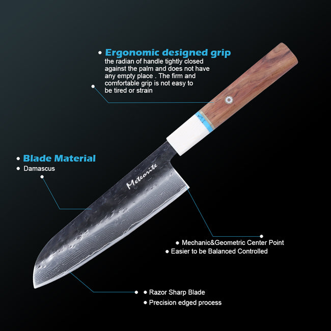 Meteorite IceRaven 7" Santoku - Japanese Kitchen Knife with Black/Sliver Hammered and 67-Layer Damascus Blade & Olive Wood Handle Main Image