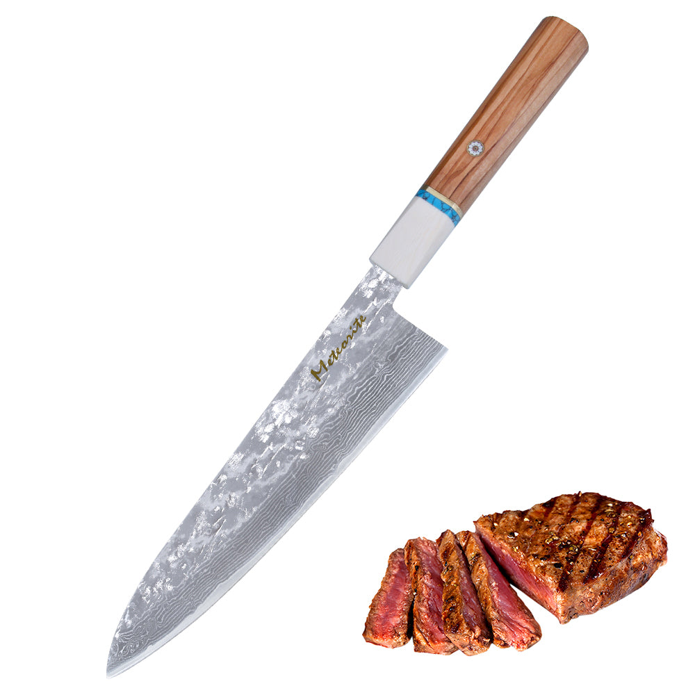 Meteorite IceRaven 8.3" Gyuto - Japanese Chef's Knife with Black/Sliver Hammered and 67-Layer Damascus Blade & Olive Wood Handle