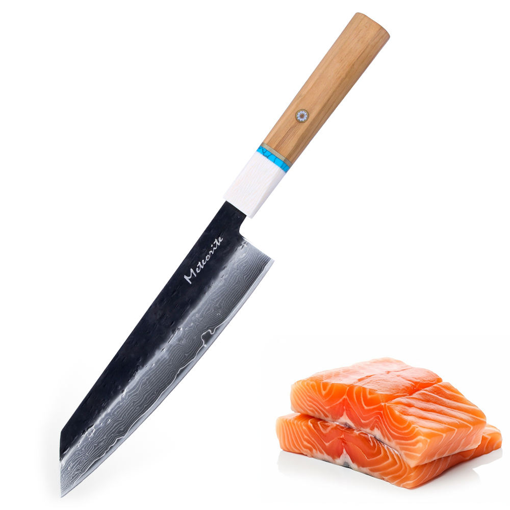 Meteorite IceRaven 8" Kiritsuke - Japanese Chef's Knife with Black/Sliver Hammered and 67-Layer Damascus Blade & Olive Wood Handle