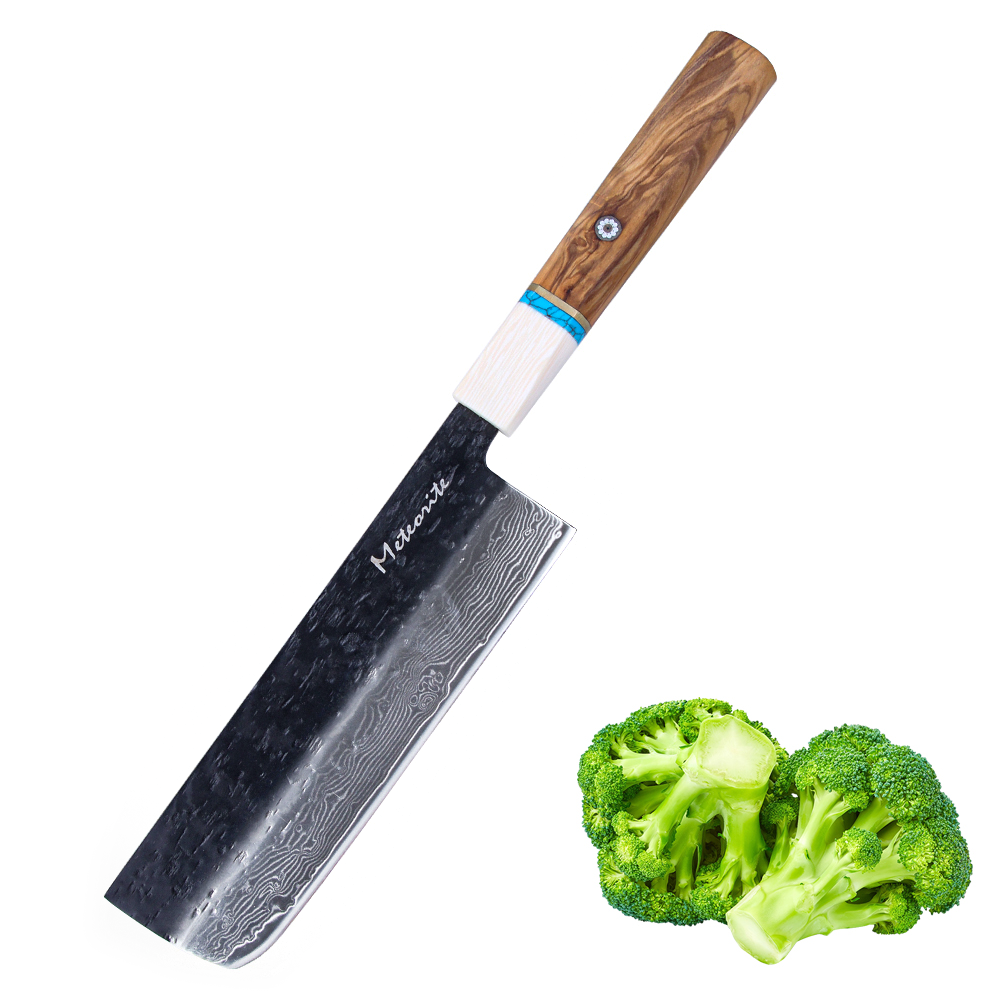 Meteorite IceRaven 7" Nakiri - Japanese Vegetable Knife with Black/Sliver Hammered and 67-Layer Damascus Blade & Olive Wood Handle