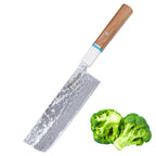 Meteorite IceRaven 7" Nakiri - Japanese Vegetable Knife with Black/Sliver Hammered and 67-Layer Damascus Blade & Olive Wood Handle