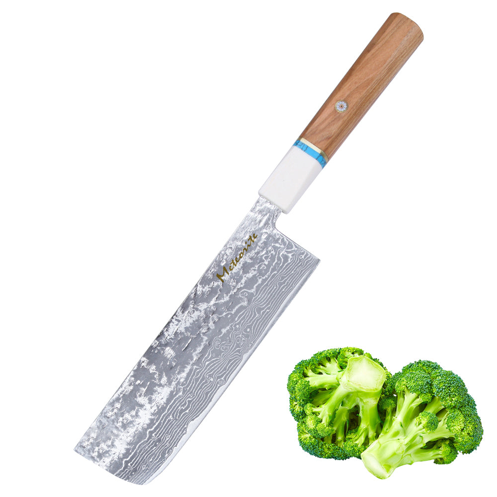 Meteorite IceRaven 7" Nakiri - Japanese Vegetable Knife with Black/Sliver Hammered and 67-Layer Damascus Blade & Olive Wood Handle