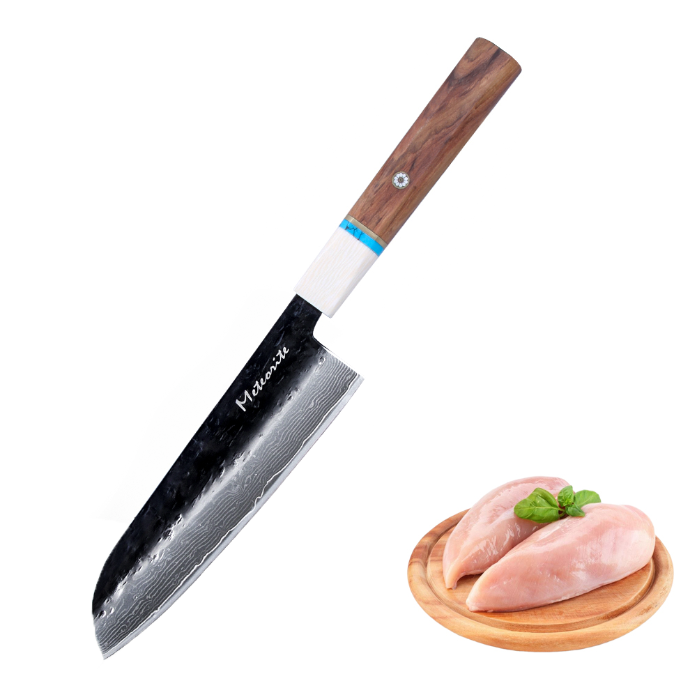 Meteorite IceRaven 7" Santoku - Japanese Kitchen Knife with Black/Sliver Hammered and 67-Layer Damascus Blade & Olive Wood Handle