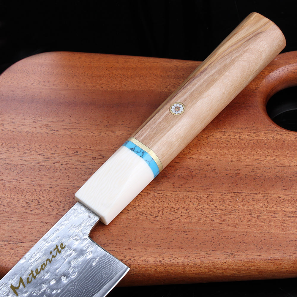 Meteorite IceRaven 7" Nakiri - Japanese Vegetable Knife with Black/Sliver Hammered and 67-Layer Damascus Blade & Olive Wood Handle