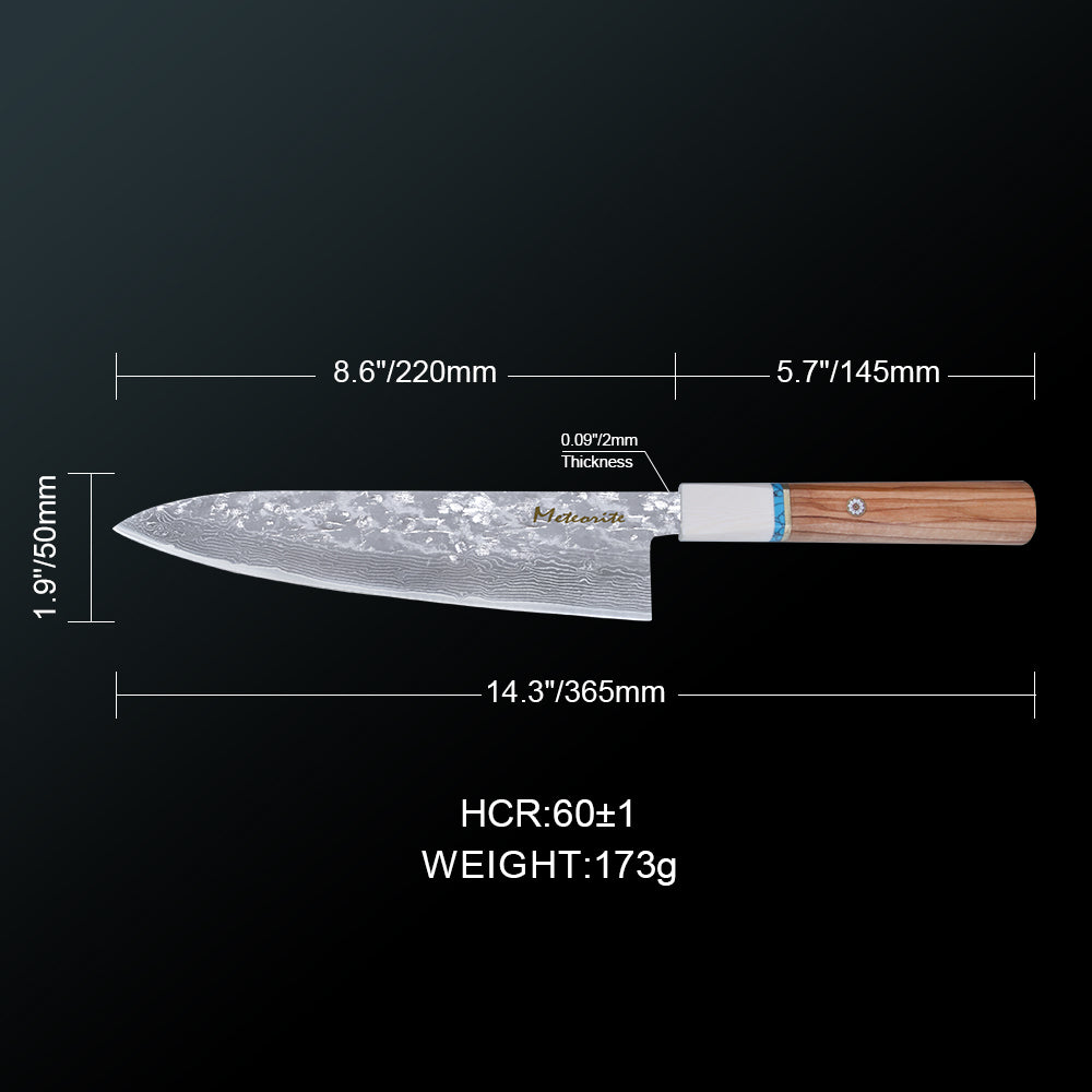 Meteorite IceRaven 8.3" Gyuto - Japanese Chef's Knife with Black/Sliver Hammered and 67-Layer Damascus Blade & Olive Wood Handle
