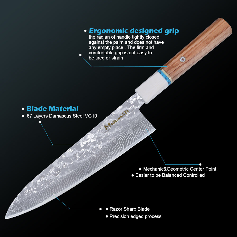 Meteorite IceRaven Japanese Knife Set | 2Pcs / 3Pcs / 4Pcs Black Forged Damascus Steel | Gyuto, Santoku, Nakiri, Kiritsuke | Olive Wood Handle
