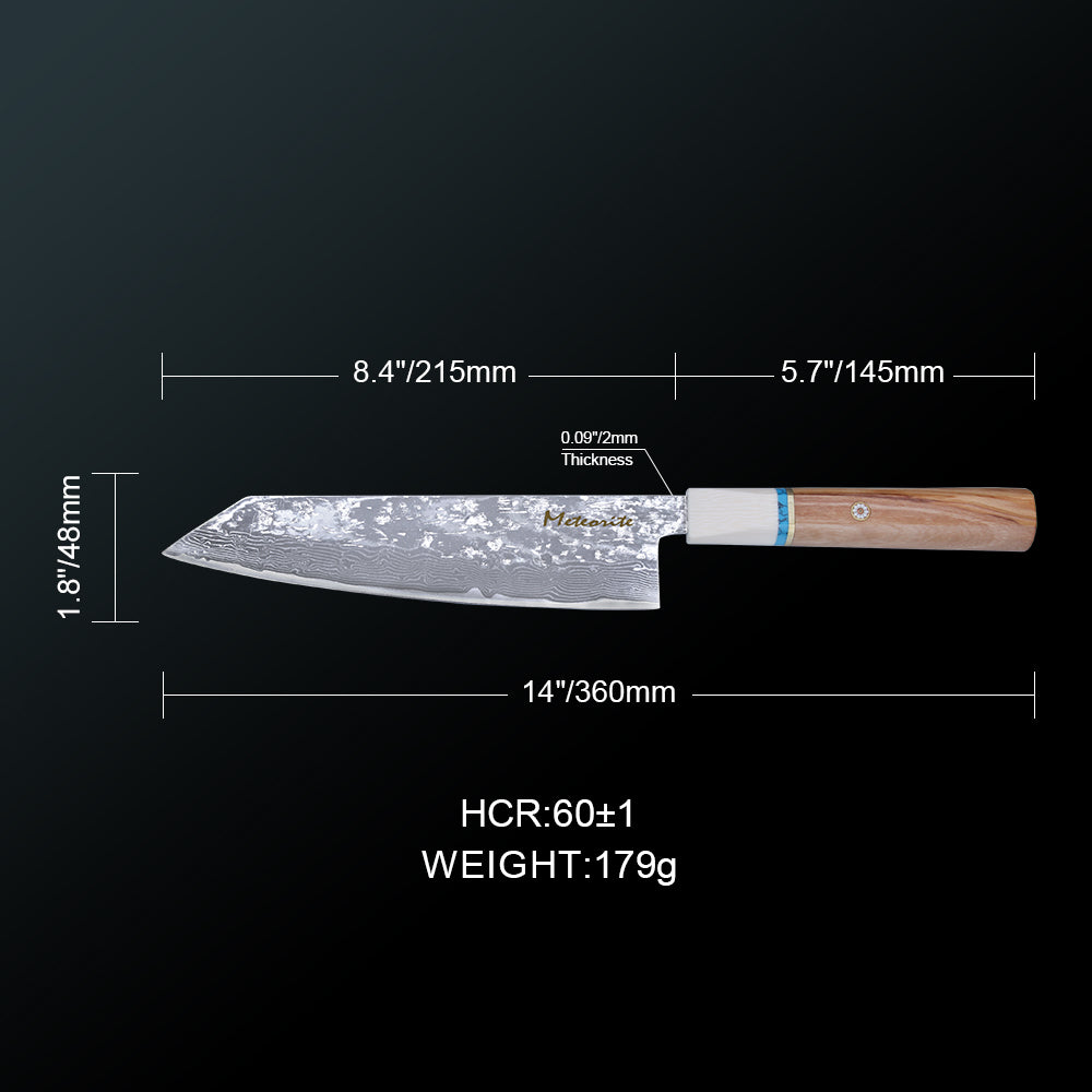Meteorite IceRaven 8" Kiritsuke - Japanese Chef's Knife with Black/Sliver Hammered and 67-Layer Damascus Blade & Olive Wood Handle