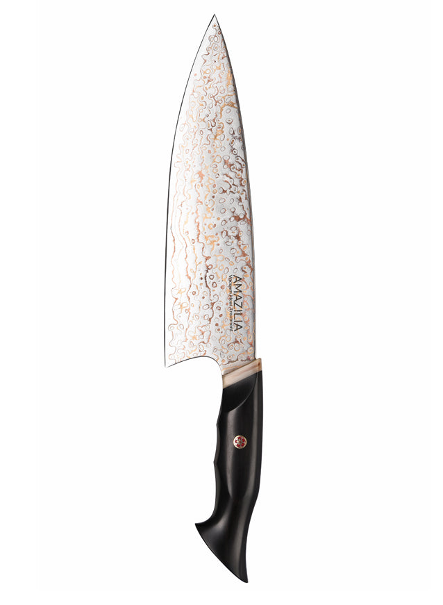 Amazilia CapricornEbony Wood Ox horn 9 inchTricolor Copper Damascus Chef's Knife